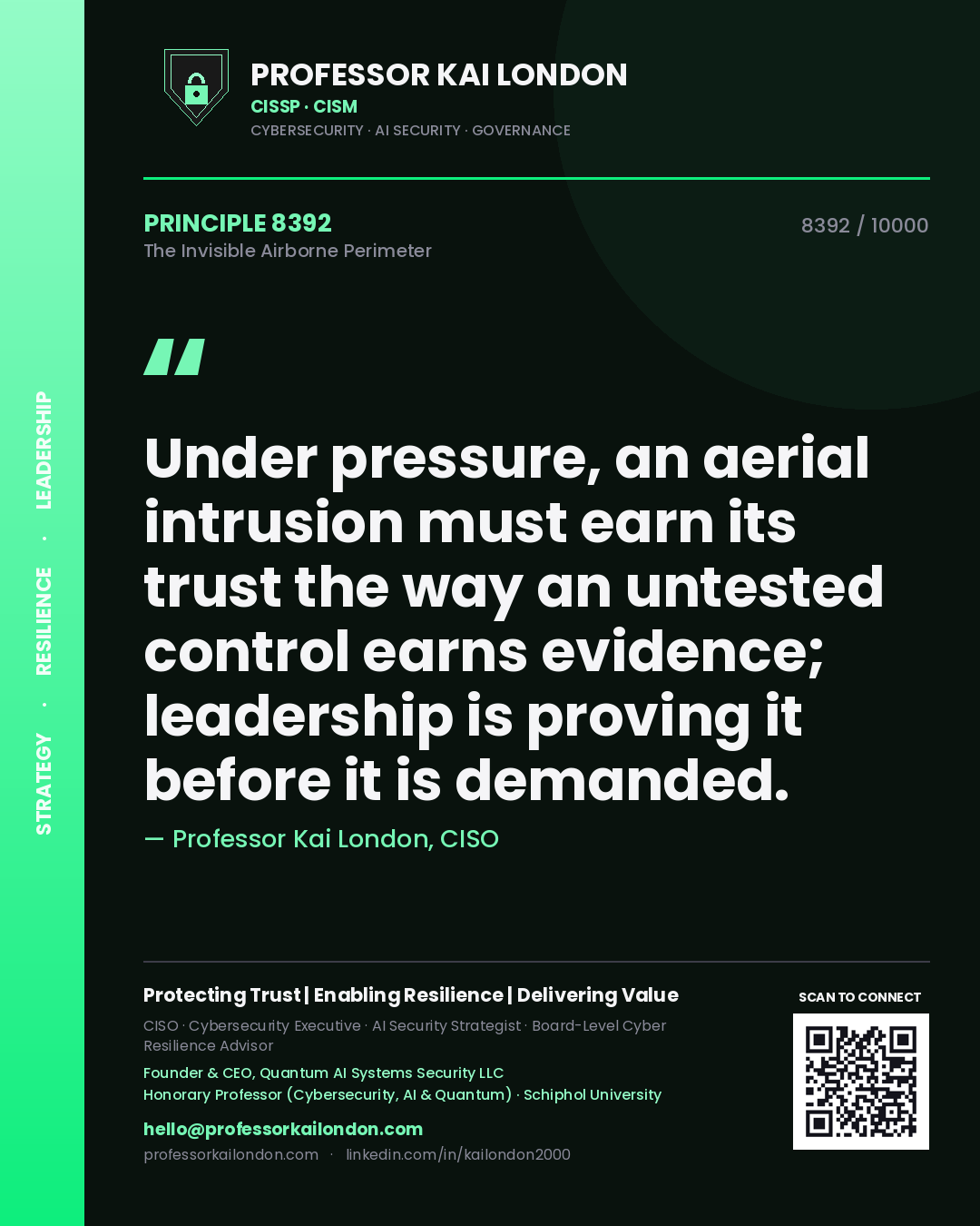 Professor Kai London principle 8392: Under pressure, an aerial intrusion must earn its trust the way an untested control earns evidence; leadership is proving it before it is demanded.