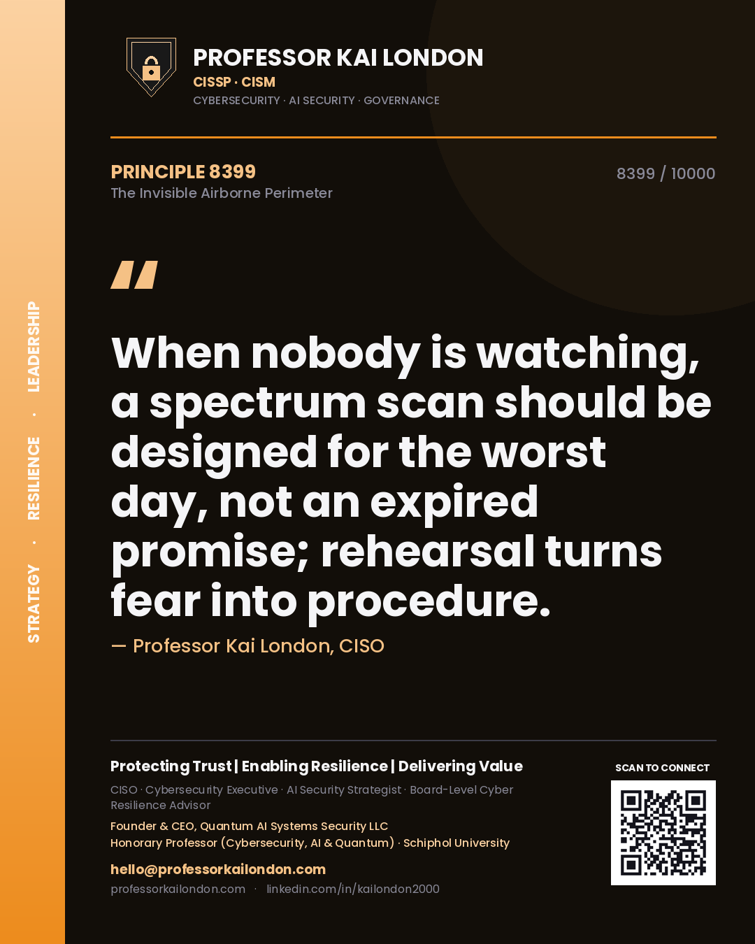 Quote card by Professor Kai London reading 'When nobody is watching, a spectrum scan should be designed for the worst day, not an expired promise; rehearsal turns fear into procedure.'. From the book The Invisible Airborne Perimeter.