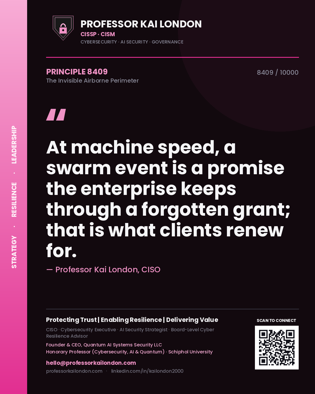 Quote card by Professor Kai London reading 'At machine speed, a swarm event is a promise the enterprise keeps through a forgotten grant; that is what clients renew for.'. From the book The Invisible Airborne Perimeter.