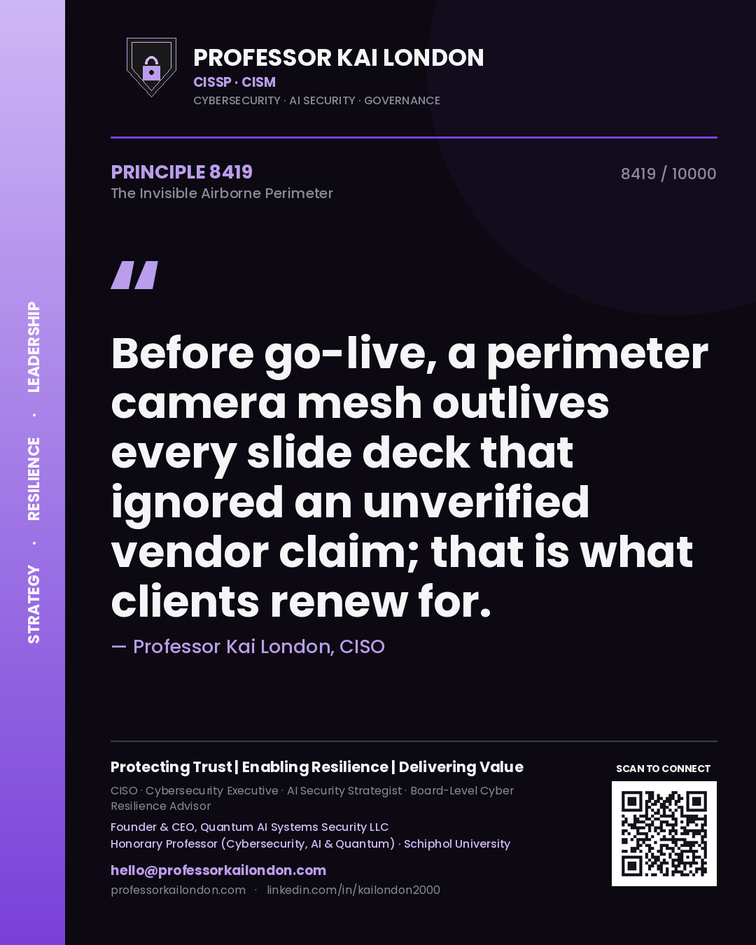 Professor Kai London principle 8419: Before go-live, a perimeter camera mesh outlives every slide deck that ignored an unverified vendor claim; that is what clients renew for.