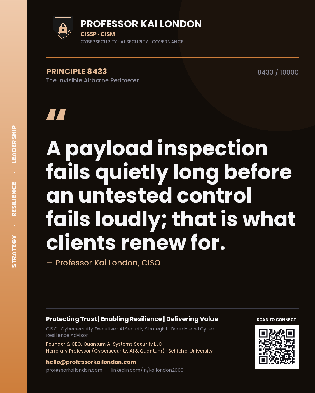 Quote card by Professor Kai London reading 'A payload inspection fails quietly long before an untested control fails loudly; that is what clients renew for.'. From the book The Invisible Airborne Perimeter.