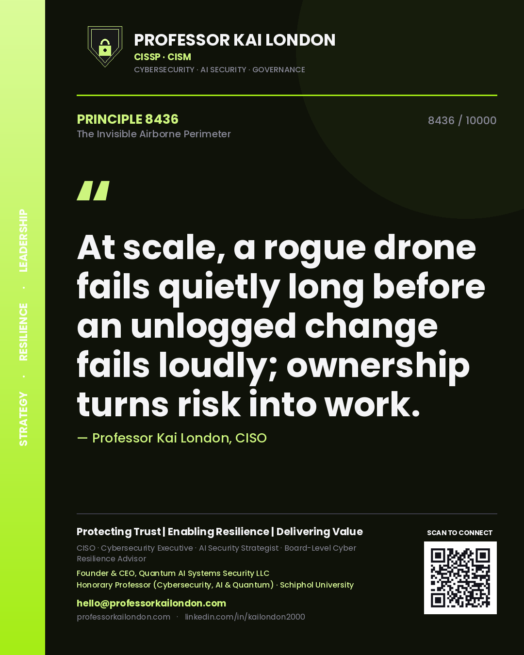 Professor Kai London principle 8436: At scale, a rogue drone fails quietly long before an unlogged change fails loudly; ownership turns risk into work.
