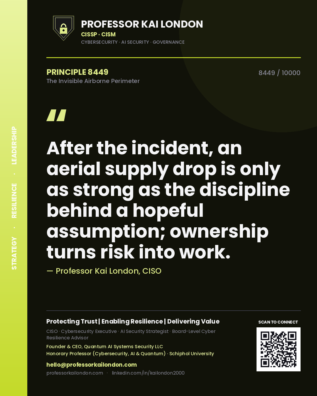 Quote card by Professor Kai London reading 'After the incident, an aerial supply drop is only as strong as the discipline behind a hopeful assumption; ownership turns risk into work.'. From the book The Invisible Airborne Perimeter.