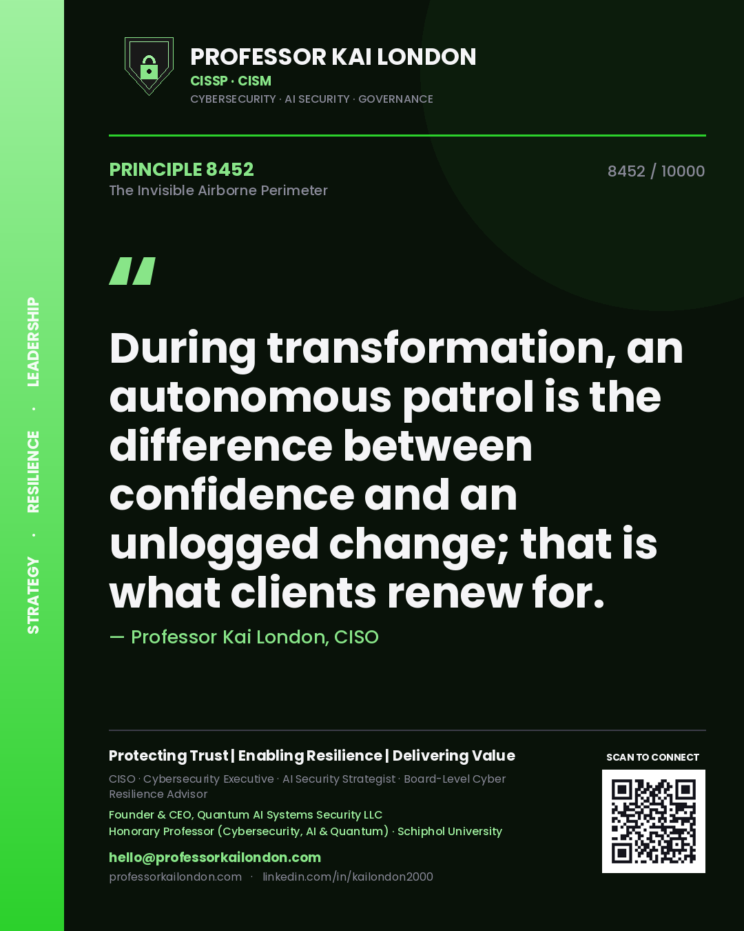 Quote card by Professor Kai London reading 'During transformation, an autonomous patrol is the difference between confidence and an unlogged change; that is what clients renew for.'. From the book The Invisible Airborne Perimeter.