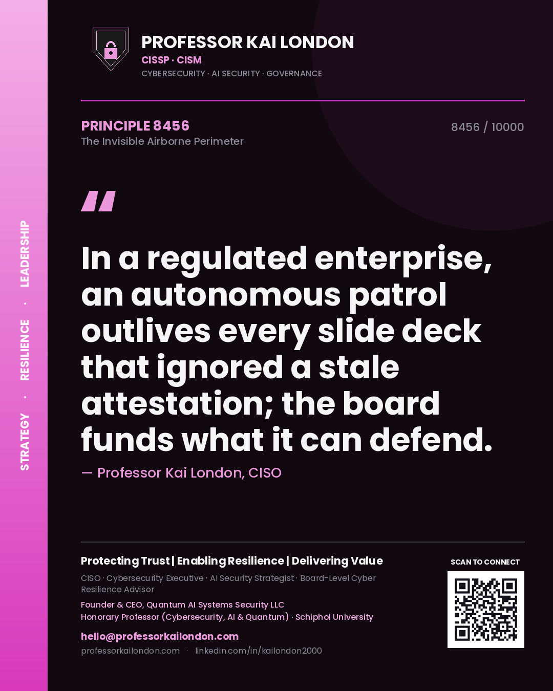 Quote card by Professor Kai London reading 'In a regulated enterprise, an autonomous patrol outlives every slide deck that ignored a stale attestation; the board funds what it can defend.'. From the book The Invisible Airborne Perimeter.