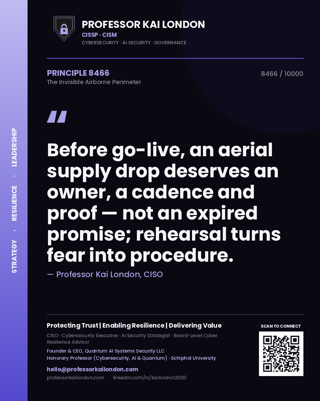 Professor Kai London principle 8466: Before go-live, an aerial supply drop deserves an owner, a cadence and proof — not an expired promise; rehearsal turns fear into procedure.