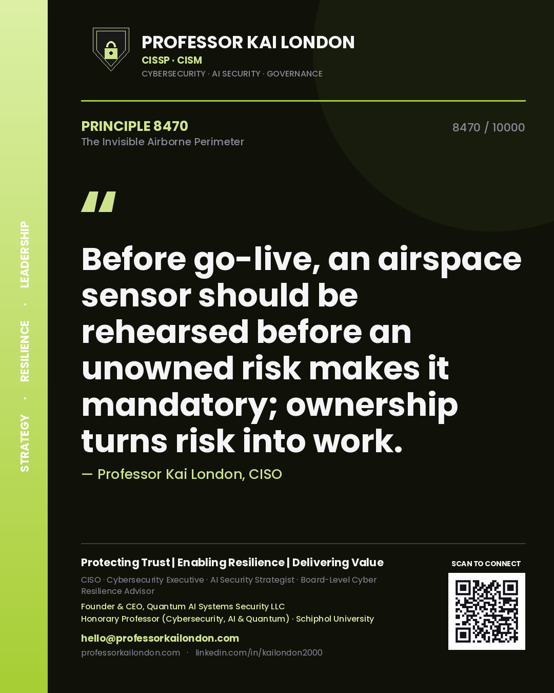 Professor Kai London principle 8470: Before go-live, an airspace sensor should be rehearsed before an unowned risk makes it mandatory; ownership turns risk into work.