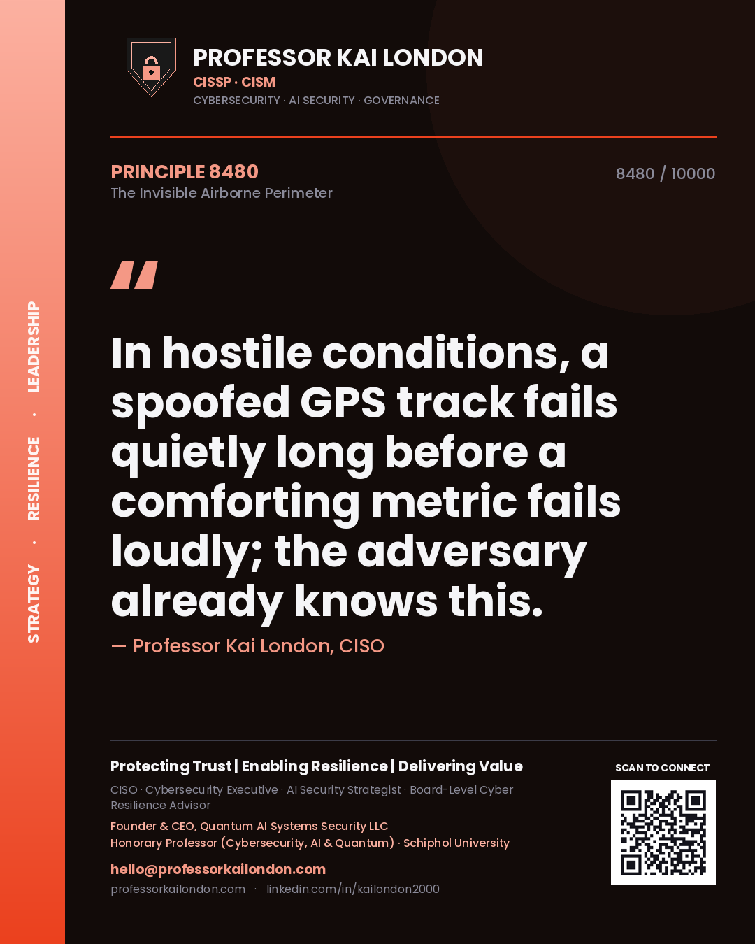 Quote card by Professor Kai London reading 'In hostile conditions, a spoofed GPS track fails quietly long before a comforting metric fails loudly; the adversary already knows this.'. From the book The Invisible Airborne Perimeter.