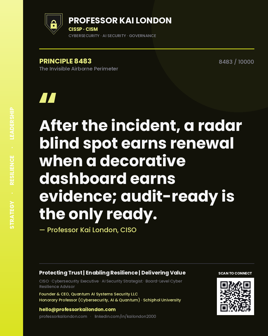 Quote card by Professor Kai London reading 'After the incident, a radar blind spot earns renewal when a decorative dashboard earns evidence; audit-ready is the only ready.'. From the book The Invisible Airborne Perimeter.