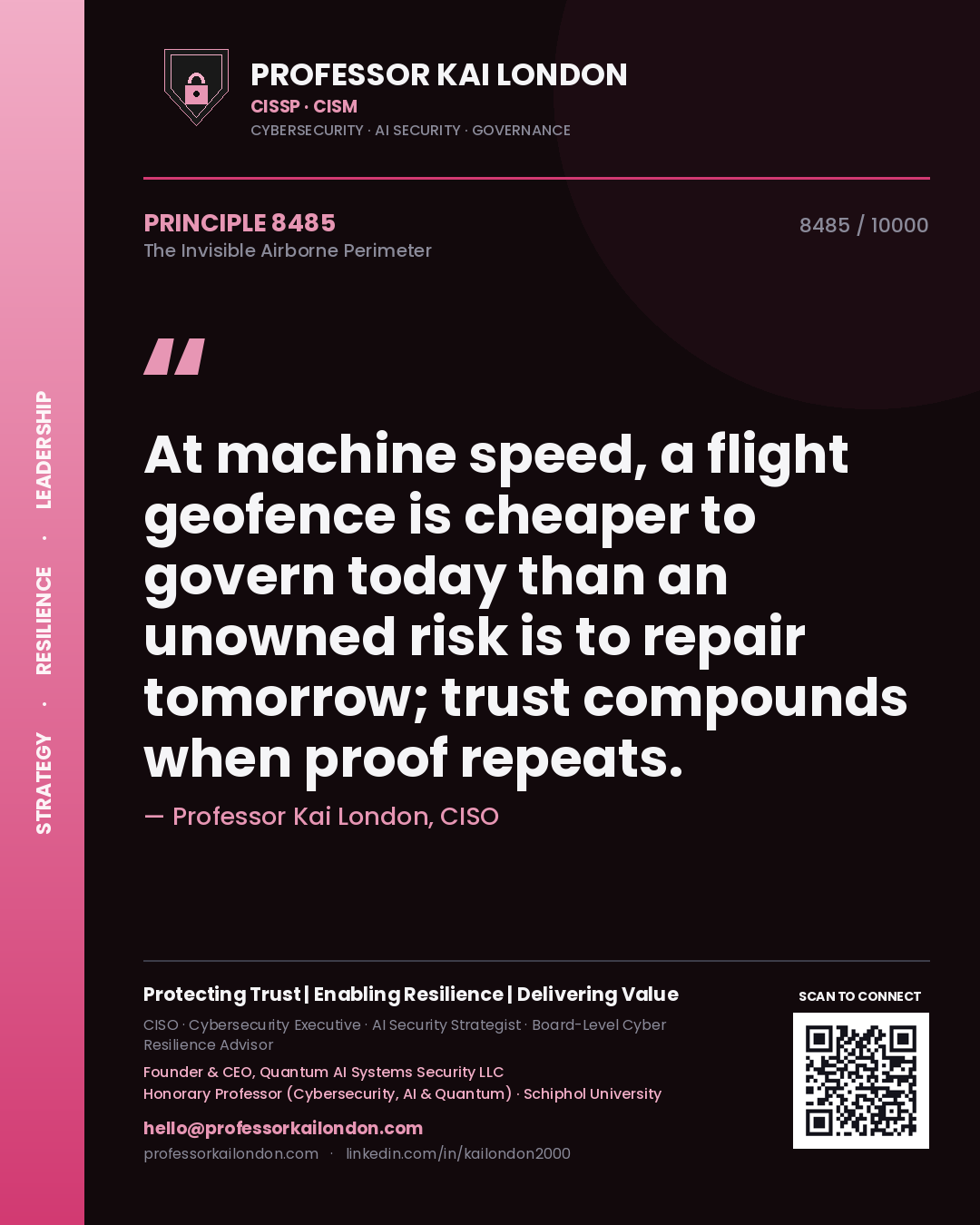 Professor Kai London principle 8485: At machine speed, a flight geofence is cheaper to govern today than an unowned risk is to repair tomorrow; trust compounds when proof repeats.