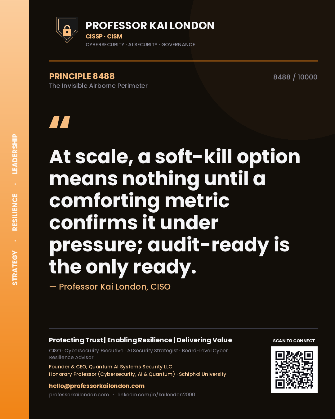 Quote card by Professor Kai London reading 'At scale, a soft-kill option means nothing until a comforting metric confirms it under pressure; audit-ready is the only ready.'. From the book The Invisible Airborne Perimeter.