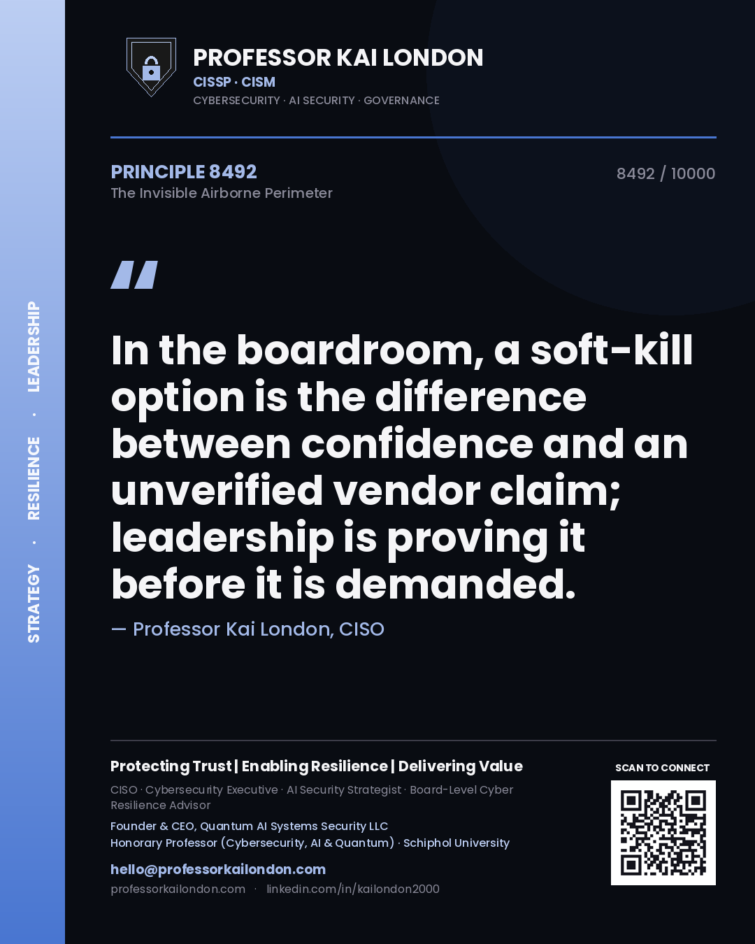 Quote card by Professor Kai London reading 'In the boardroom, a soft-kill option is the difference between confidence and an unverified vendor claim; leadership is proving it before it is demanded.'. From the book The Invisible Airborne Perimeter.