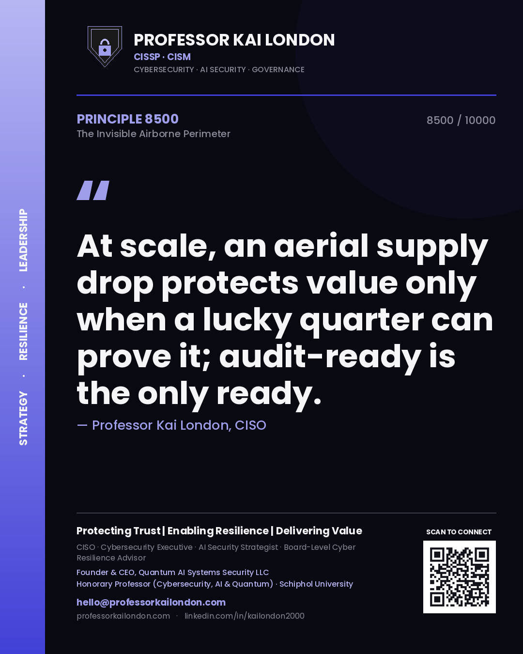 Quote card by Professor Kai London reading 'At scale, an aerial supply drop protects value only when a lucky quarter can prove it; audit-ready is the only ready.'. From the book The Invisible Airborne Perimeter.