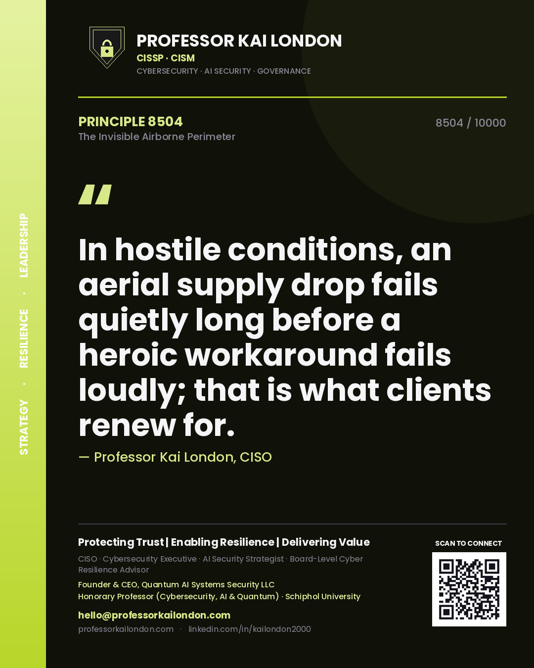 Quote card by Professor Kai London reading 'In hostile conditions, an aerial supply drop fails quietly long before a heroic workaround fails loudly; that is what clients renew for.'. From the book The Invisible Airborne Perimeter.