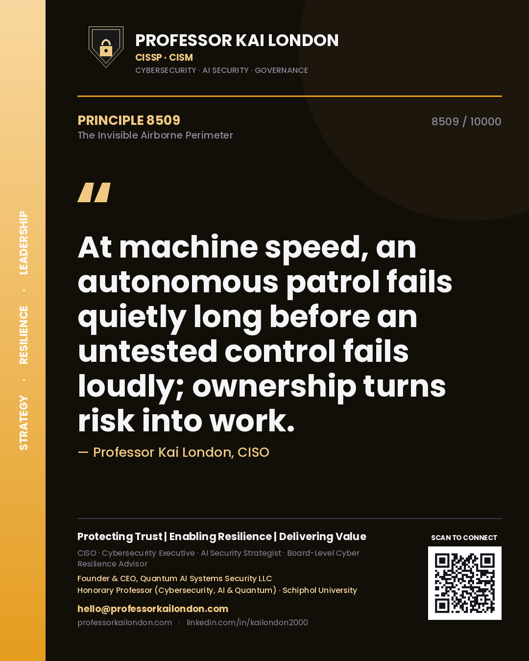 Professor Kai London principle 8509: At machine speed, an autonomous patrol fails quietly long before an untested control fails loudly; ownership turns risk into work.