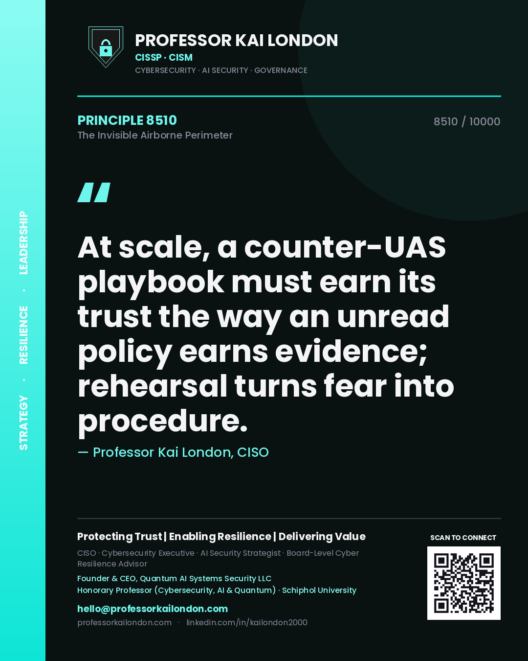 Professor Kai London principle 8510: At scale, a counter-UAS playbook must earn its trust the way an unread policy earns evidence; rehearsal turns fear into procedure.