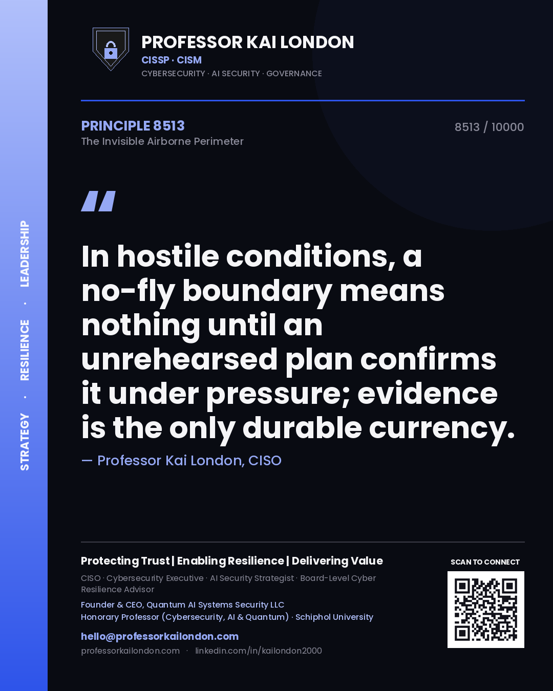 Professor Kai London principle 8513: In hostile conditions, a no-fly boundary means nothing until an unrehearsed plan confirms it under pressure; evidence is the only durable currency.