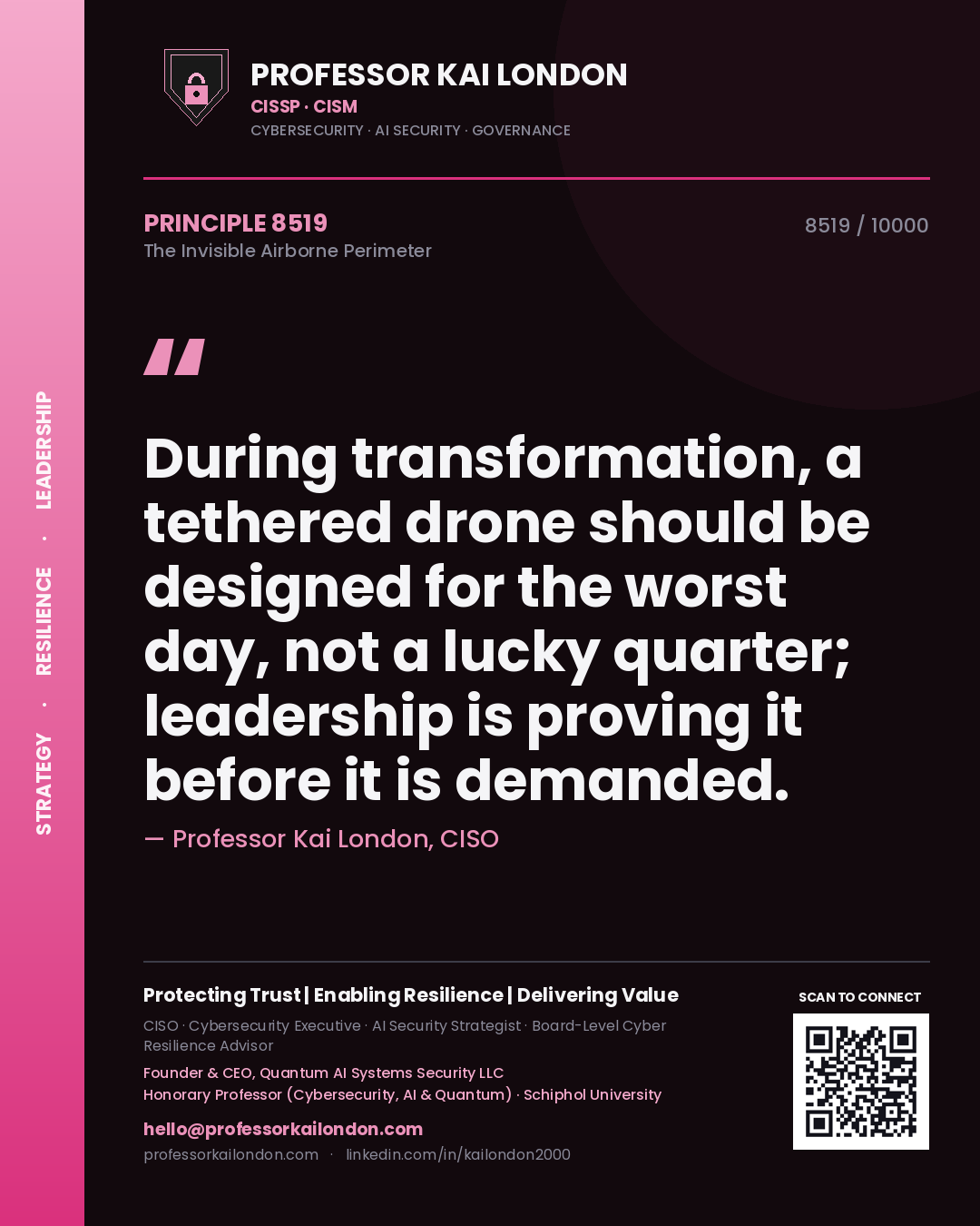 Professor Kai London principle 8519: During transformation, a tethered drone should be designed for the worst day, not a lucky quarter; leadership is proving it before it is demanded.