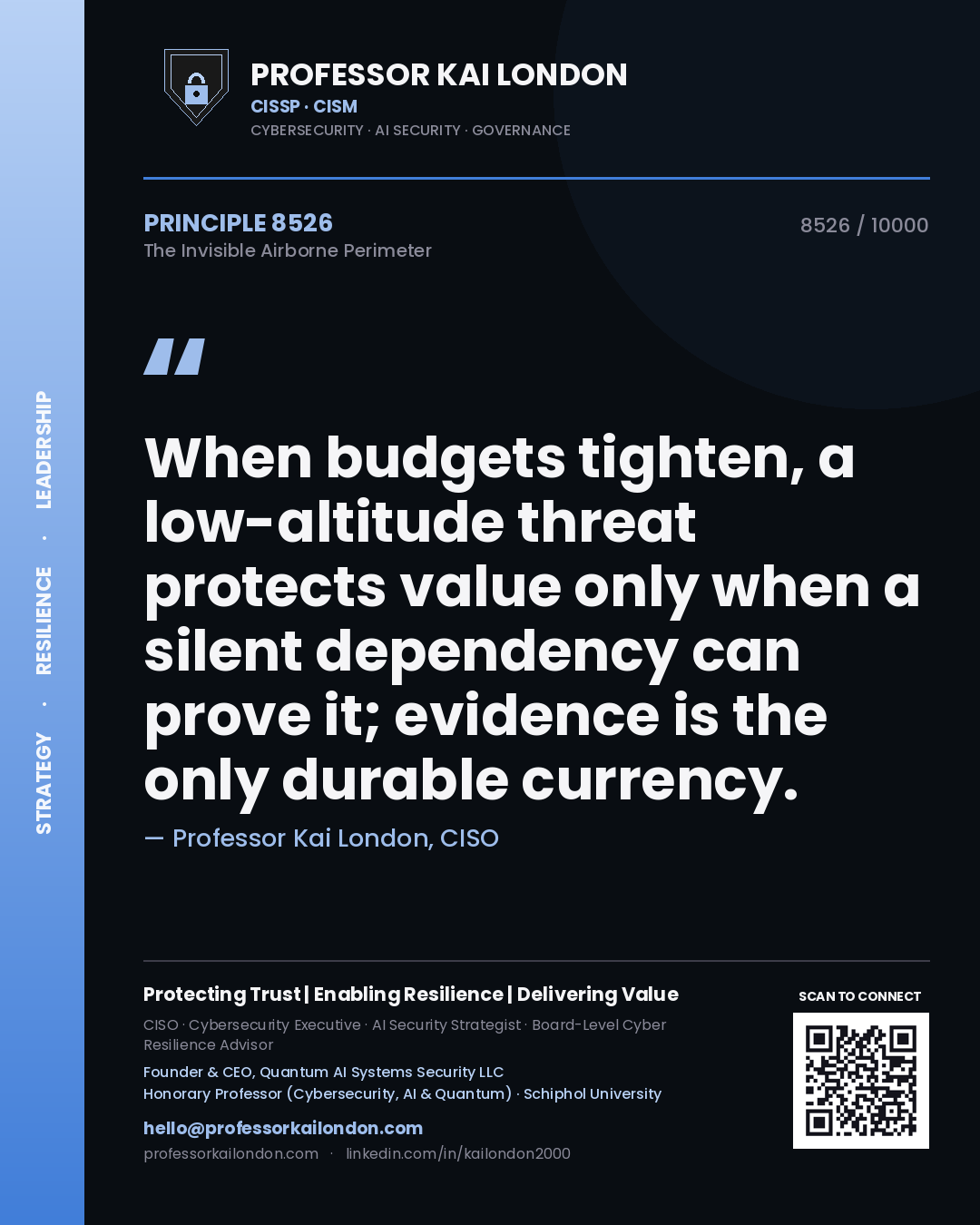 Professor Kai London principle 8526: When budgets tighten, a low-altitude threat protects value only when a silent dependency can prove it; evidence is the only durable currency.