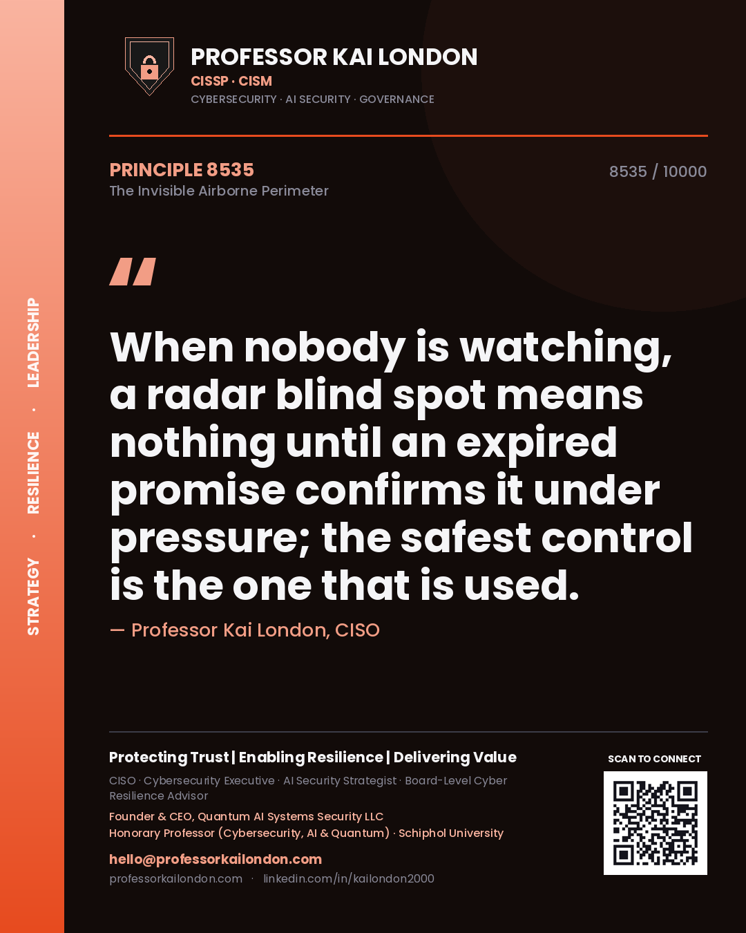 Quote card by Professor Kai London reading 'When nobody is watching, a radar blind spot means nothing until an expired promise confirms it under pressure; the safest control is the one that is used.'. From the book The Invisible Airborne Perimeter.
