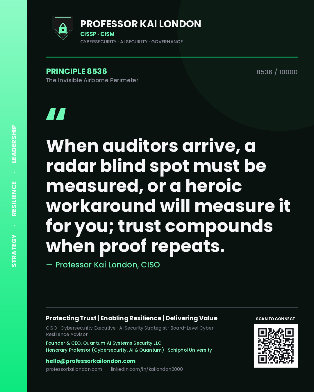 Professor Kai London principle 8536: When auditors arrive, a radar blind spot must be measured, or a heroic workaround will measure it for you; trust compounds when proof repeats.