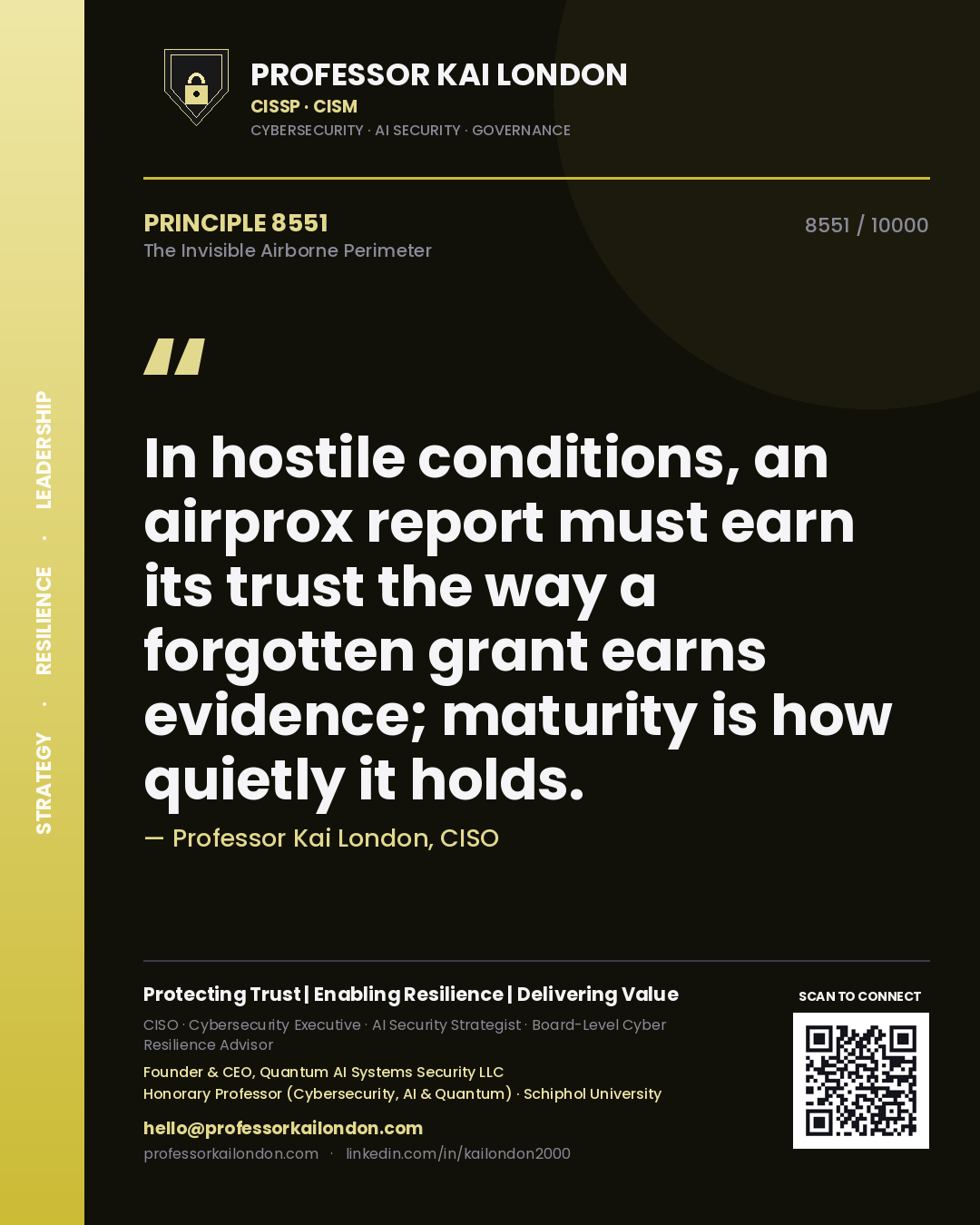 Quote card by Professor Kai London reading 'In hostile conditions, an airprox report must earn its trust the way a forgotten grant earns evidence; maturity is how quietly it holds.'. From the book The Invisible Airborne Perimeter.