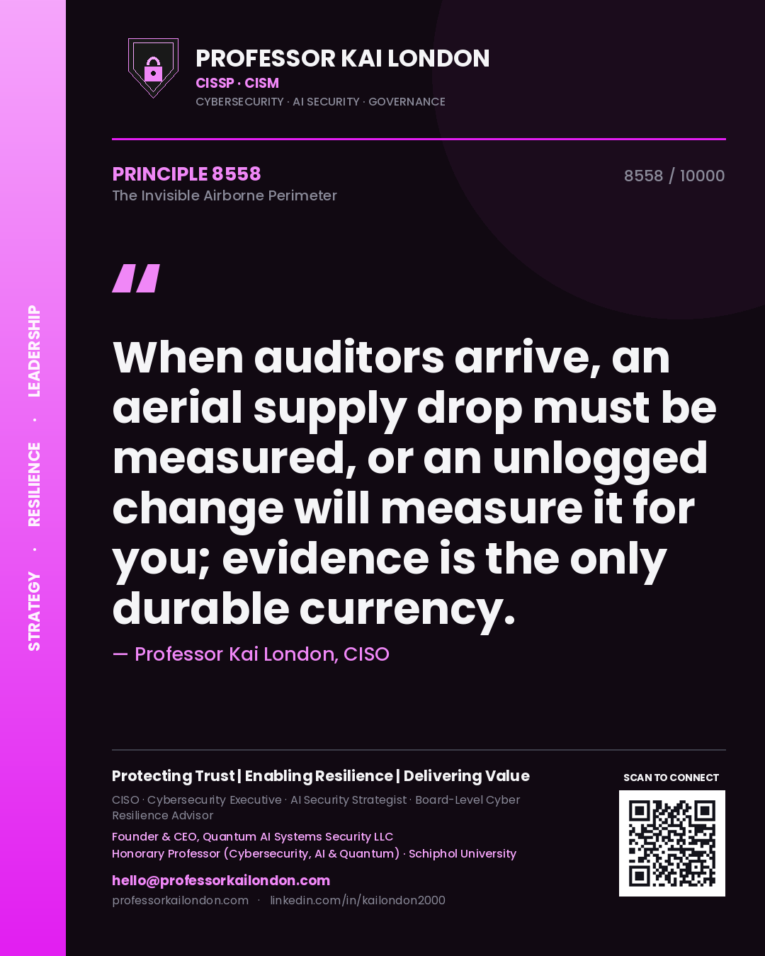 Professor Kai London principle 8558: When auditors arrive, an aerial supply drop must be measured, or an unlogged change will measure it for you; evidence is the only durable currency.