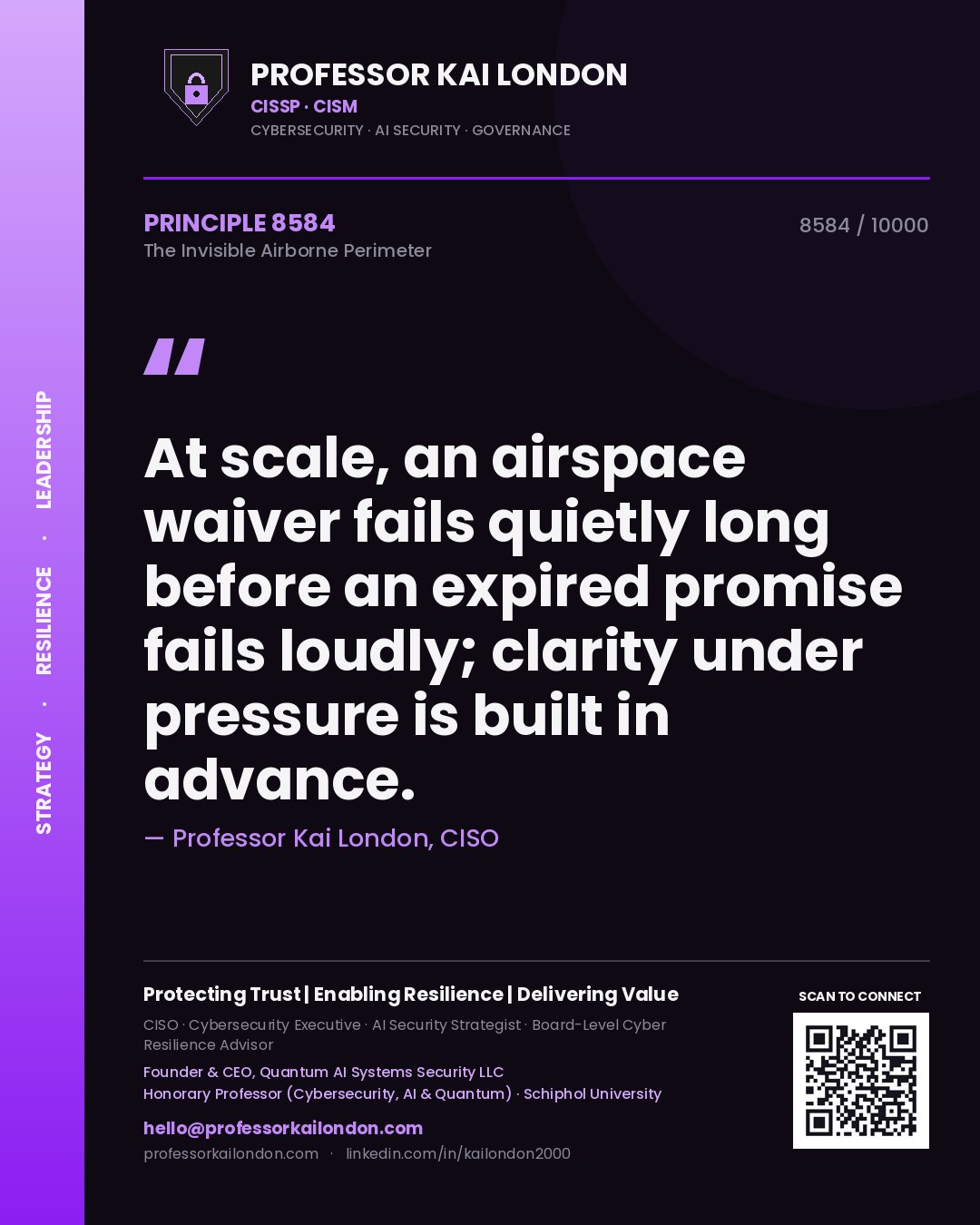 Quote card by Professor Kai London reading 'At scale, an airspace waiver fails quietly long before an expired promise fails loudly; clarity under pressure is built in advance.'. From the book The Invisible Airborne Perimeter.