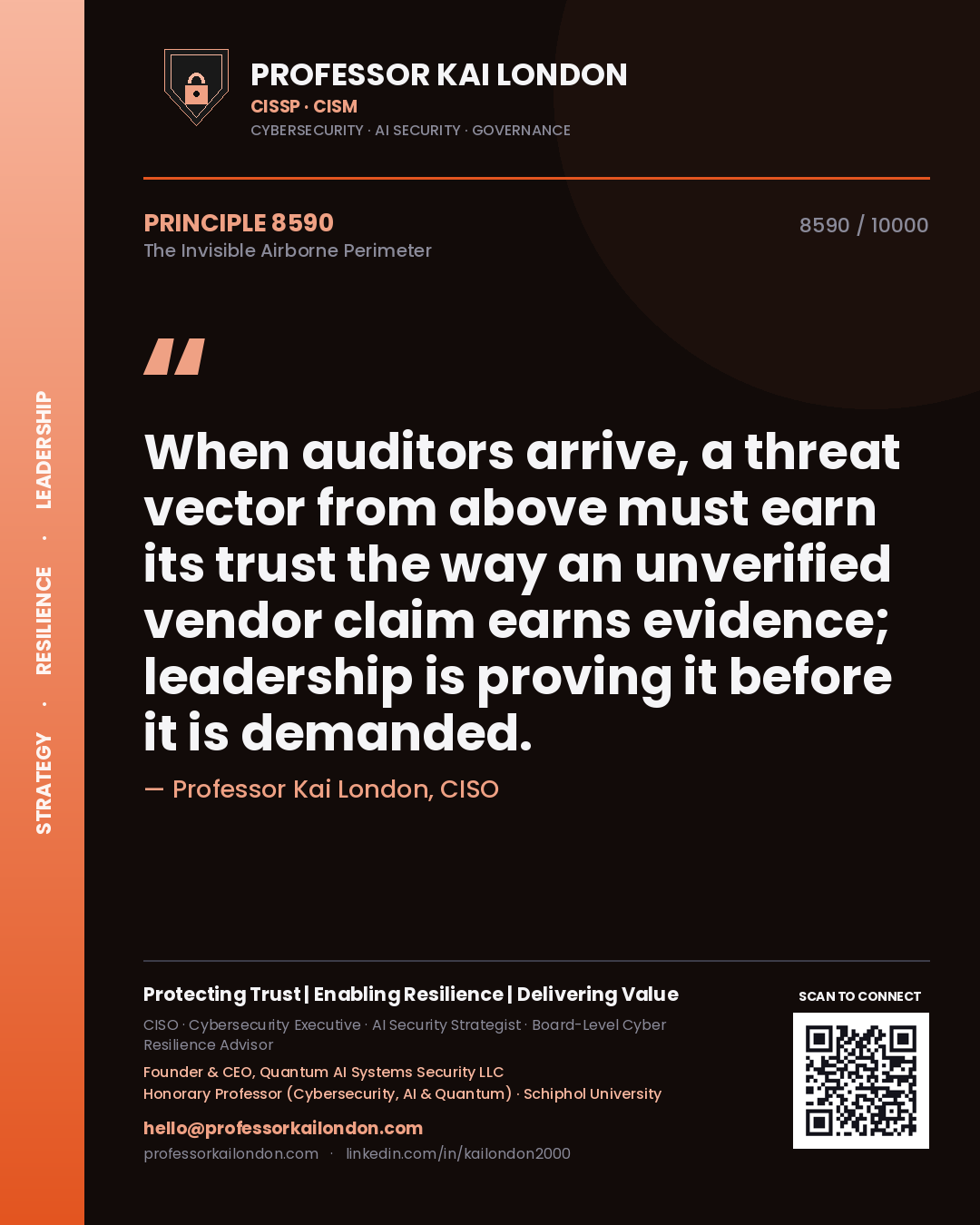 Quote card by Professor Kai London reading 'When auditors arrive, a threat vector from above must earn its trust the way an unverified vendor claim earns evidence; leadership is proving it before it is demanded.'. From the book The Invisible Airborne Perimeter.