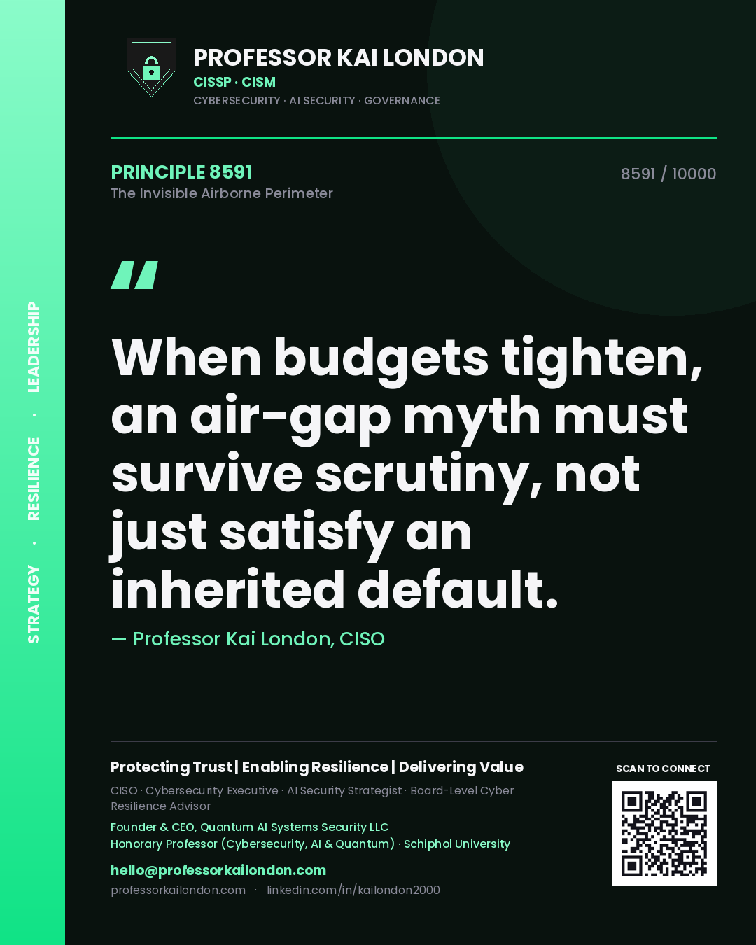 Quote card by Professor Kai London reading 'When budgets tighten, an air-gap myth must survive scrutiny, not just satisfy an inherited default.'. From the book The Invisible Airborne Perimeter.