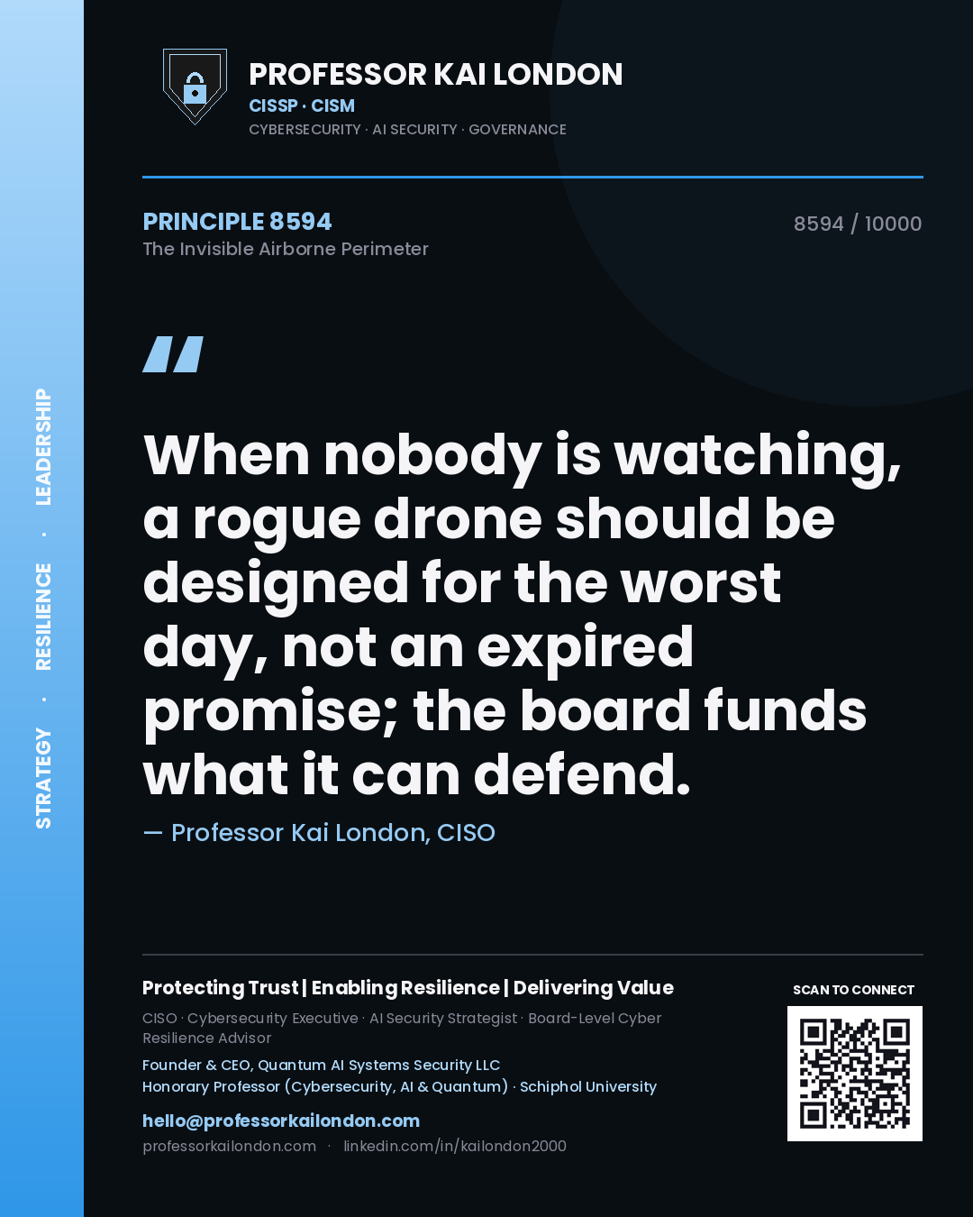 Quote card by Professor Kai London reading 'When nobody is watching, a rogue drone should be designed for the worst day, not an expired promise; the board funds what it can defend.'. From the book The Invisible Airborne Perimeter.