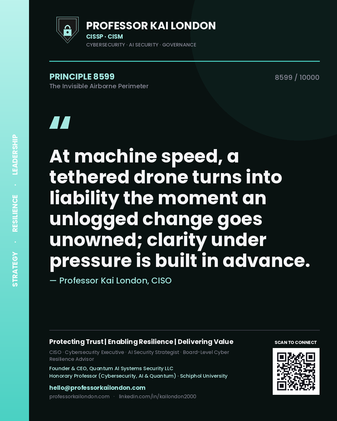 Professor Kai London principle 8599: At machine speed, a tethered drone turns into liability the moment an unlogged change goes unowned; clarity under pressure is built in advance.