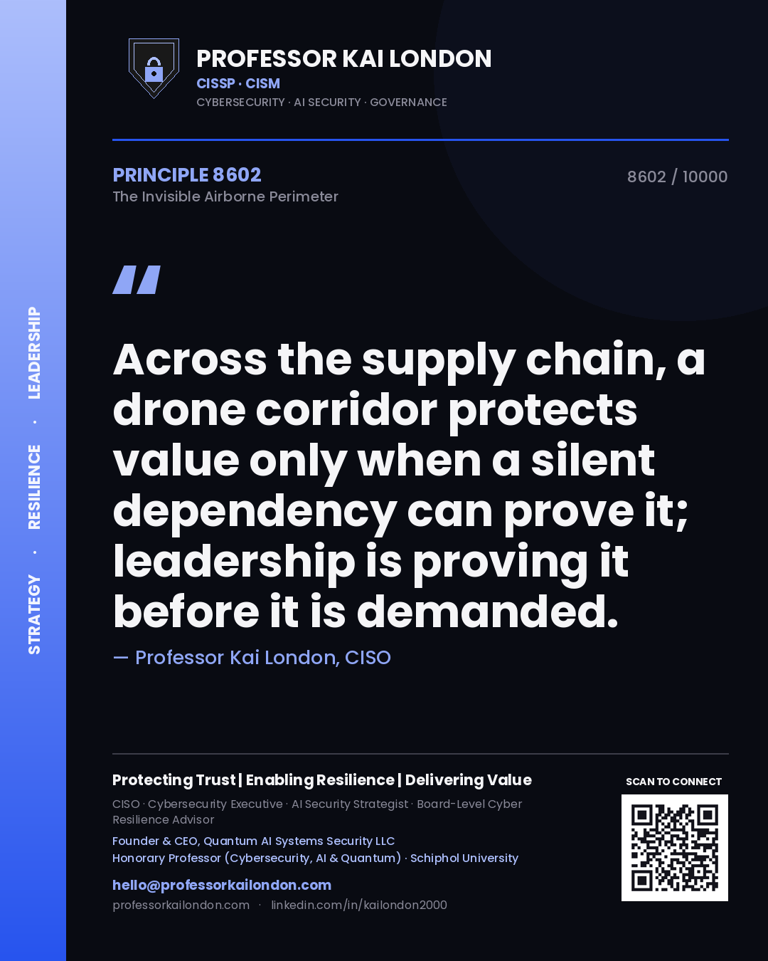 Quote card by Professor Kai London reading 'Across the supply chain, a drone corridor protects value only when a silent dependency can prove it; leadership is proving it before it is demanded.'. From the book The Invisible Airborne Perimeter.
