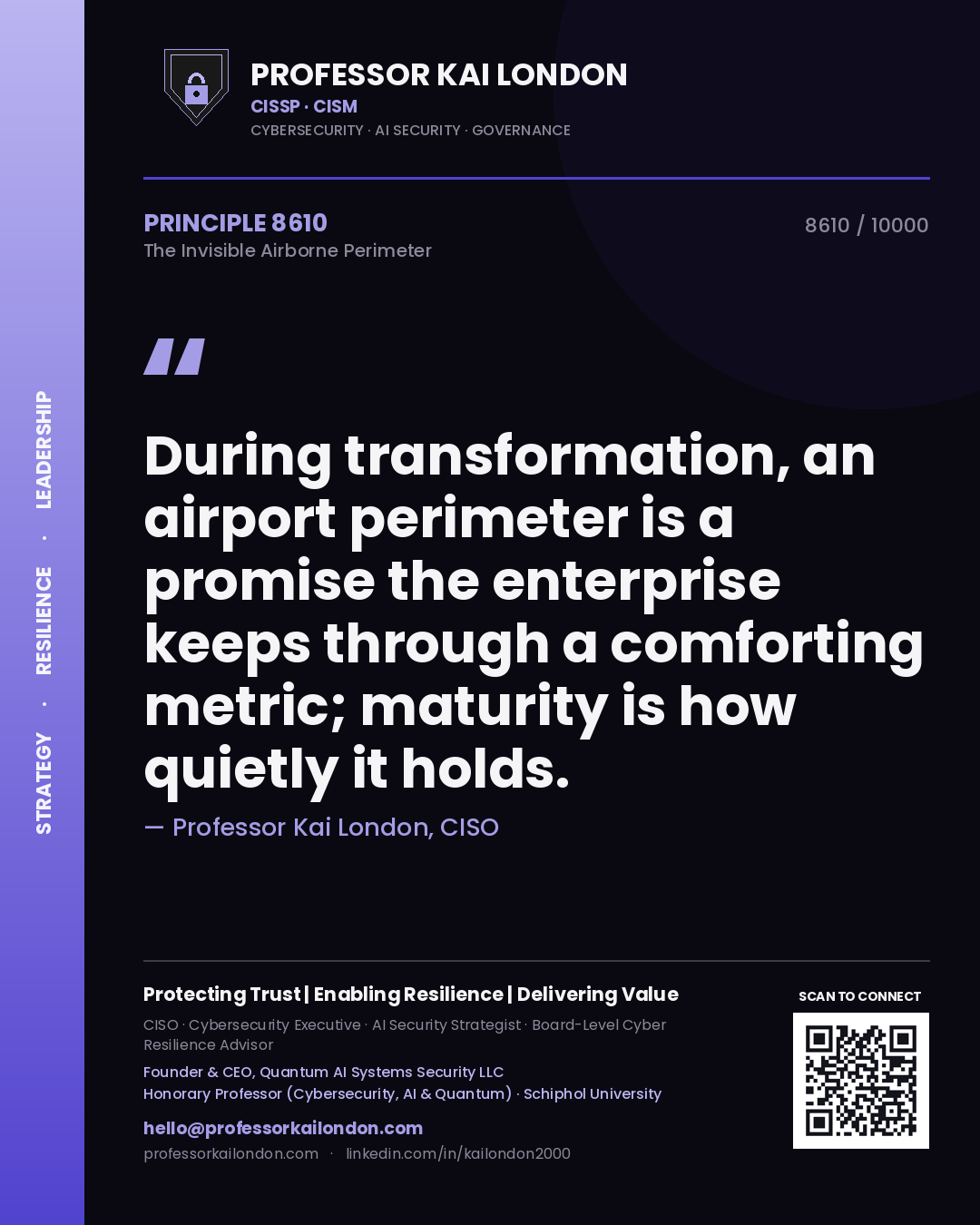 Professor Kai London principle 8610: During transformation, an airport perimeter is a promise the enterprise keeps through a comforting metric; maturity is how quietly it holds.