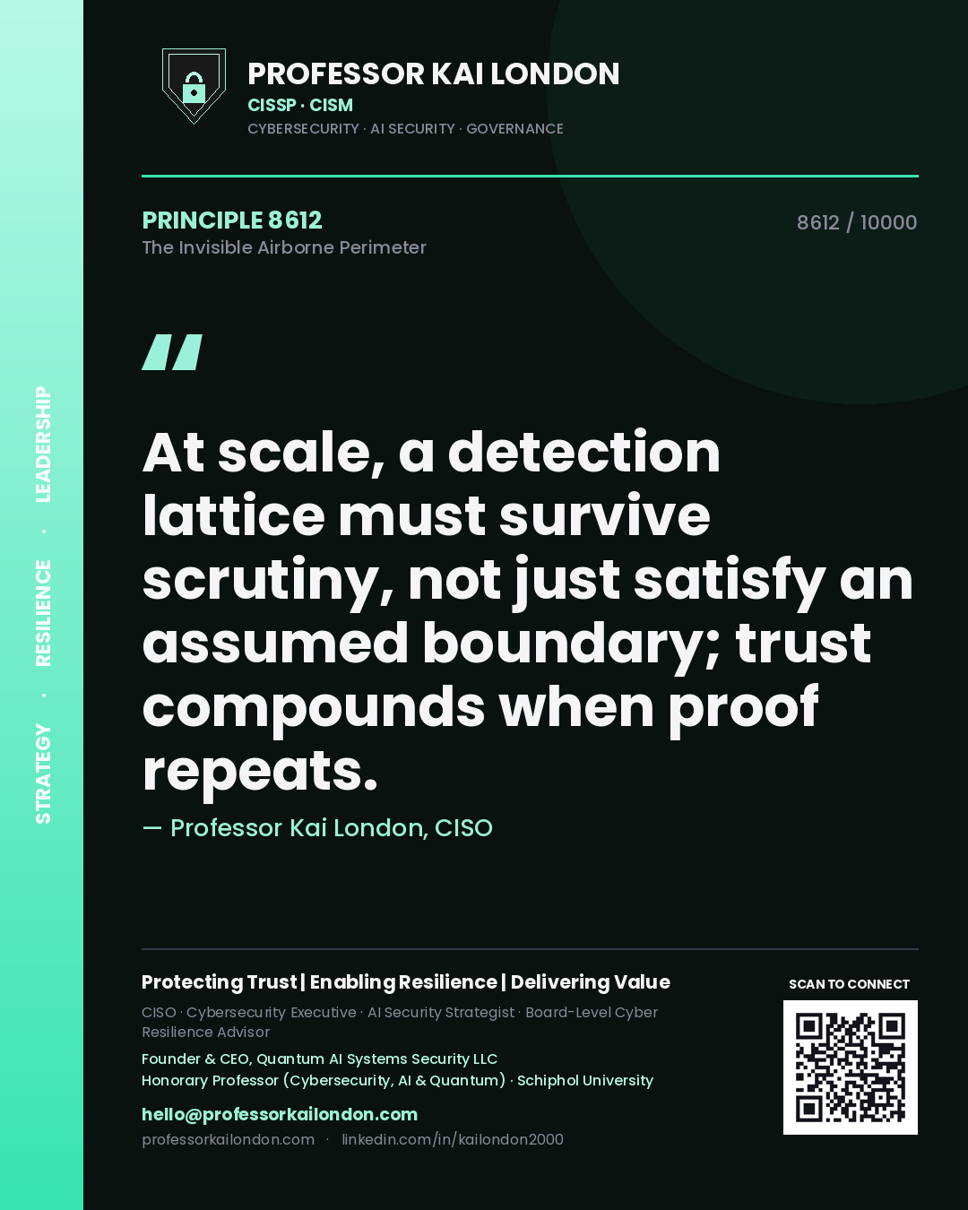 Professor Kai London principle 8612: At scale, a detection lattice must survive scrutiny, not just satisfy an assumed boundary; trust compounds when proof repeats.