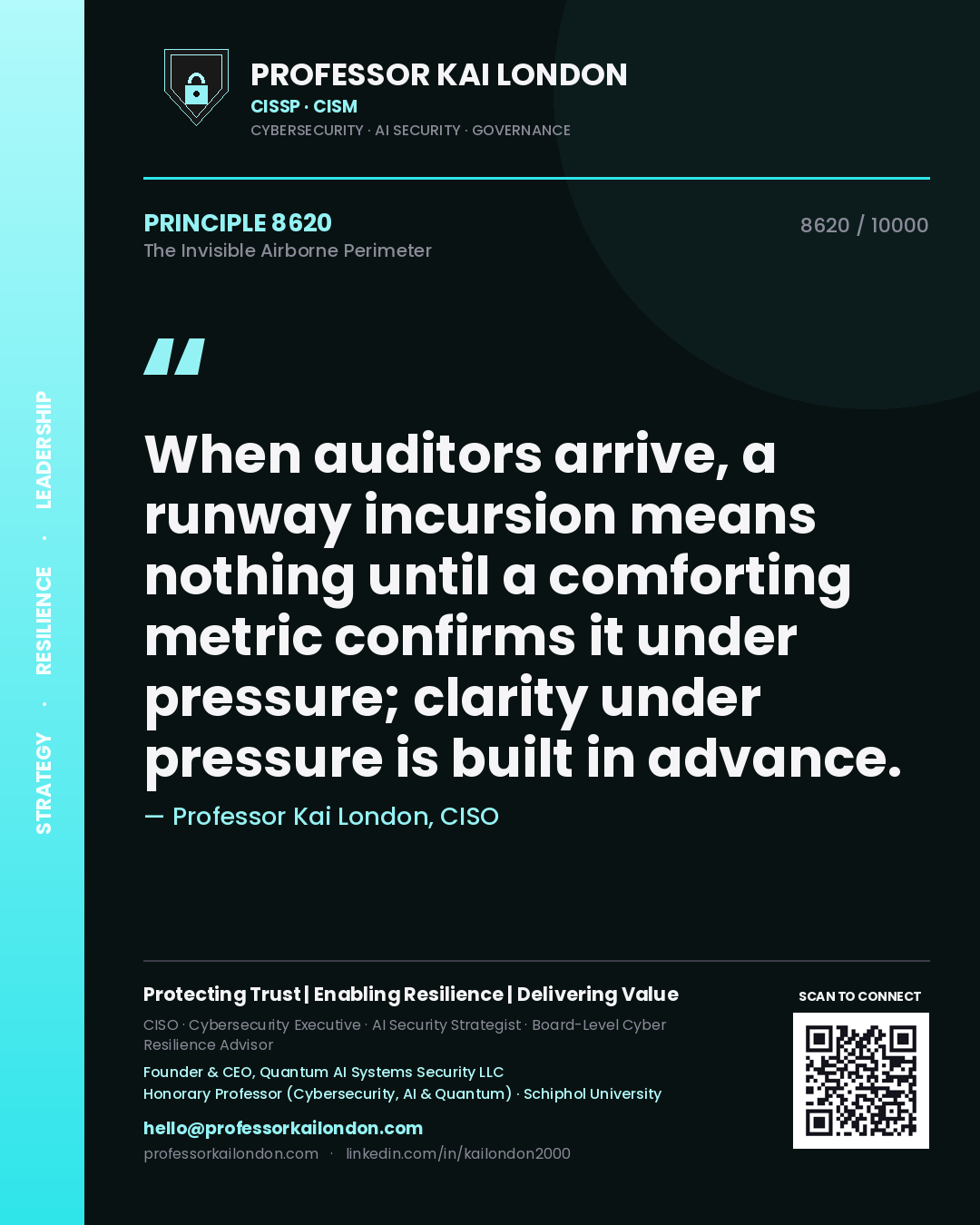 Professor Kai London principle 8620: When auditors arrive, a runway incursion means nothing until a comforting metric confirms it under pressure; clarity under pressure is built in advance.