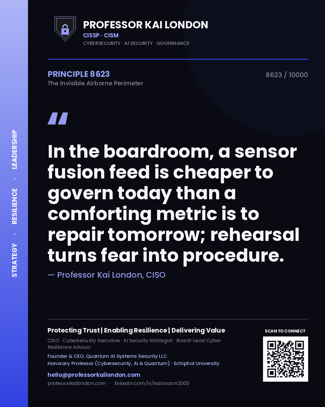 Professor Kai London principle 8623: In the boardroom, a sensor fusion feed is cheaper to govern today than a comforting metric is to repair tomorrow; rehearsal turns fear into procedure.
