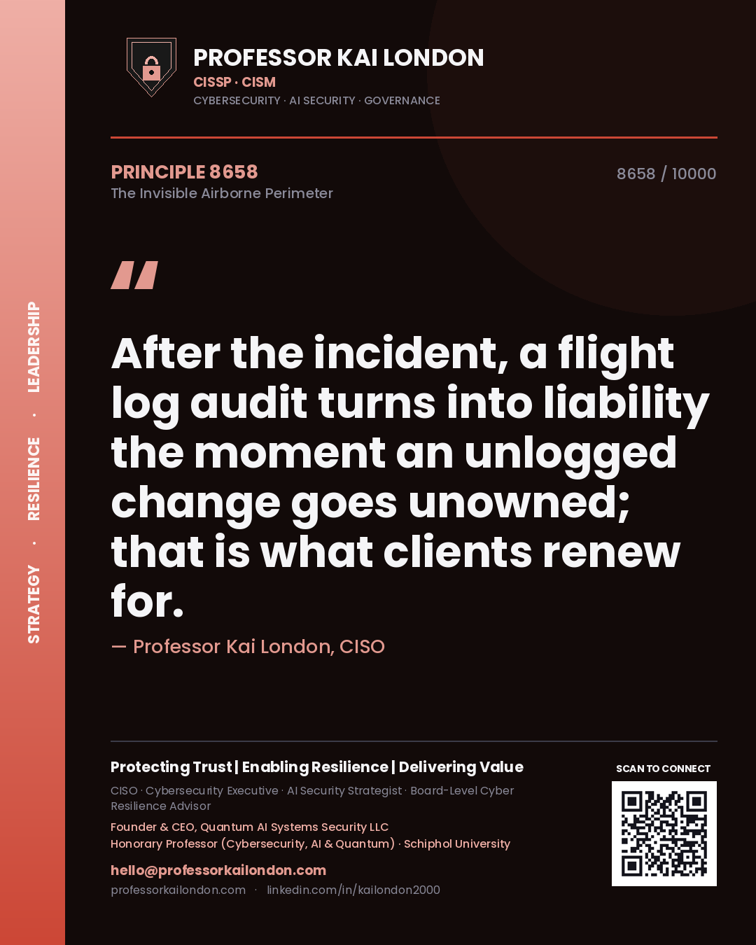 Quote card by Professor Kai London reading 'After the incident, a flight log audit turns into liability the moment an unlogged change goes unowned; that is what clients renew for.'. From the book The Invisible Airborne Perimeter.
