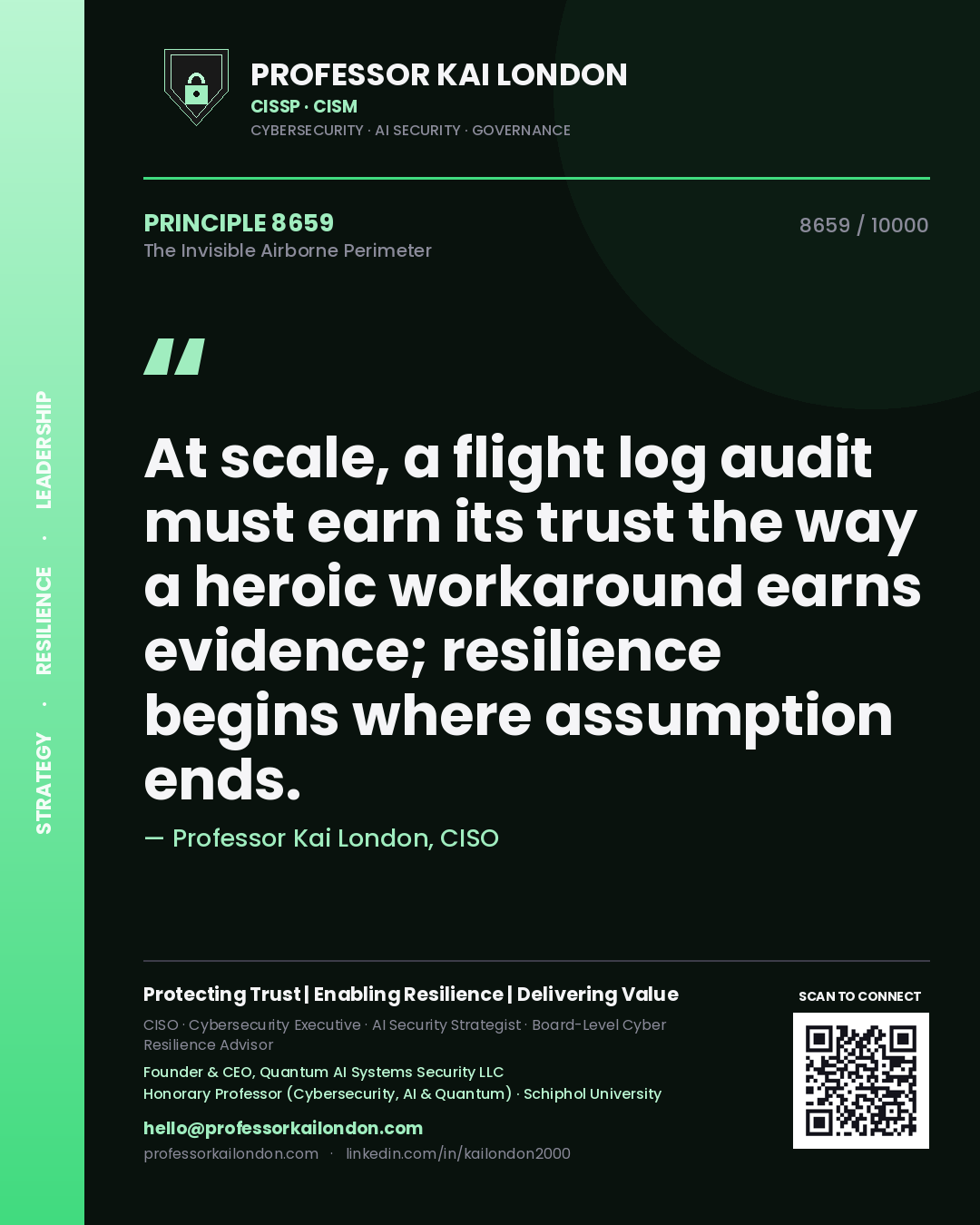 Professor Kai London principle 8659: At scale, a flight log audit must earn its trust the way a heroic workaround earns evidence; resilience begins where assumption ends.