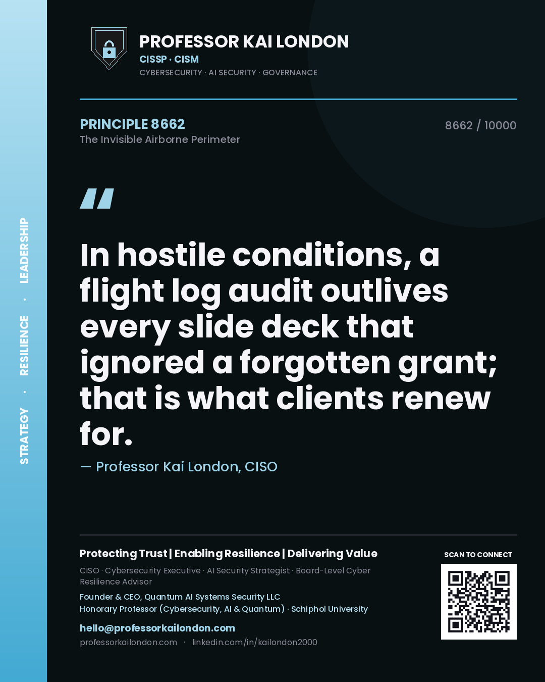 Quote card by Professor Kai London reading 'In hostile conditions, a flight log audit outlives every slide deck that ignored a forgotten grant; that is what clients renew for.'. From the book The Invisible Airborne Perimeter.