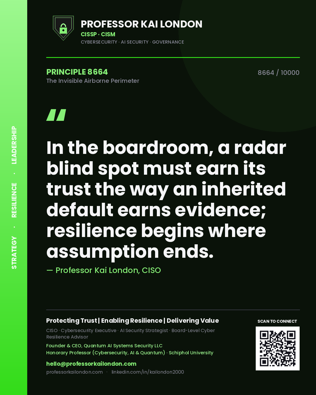 Professor Kai London principle 8664: In the boardroom, a radar blind spot must earn its trust the way an inherited default earns evidence; resilience begins where assumption ends.