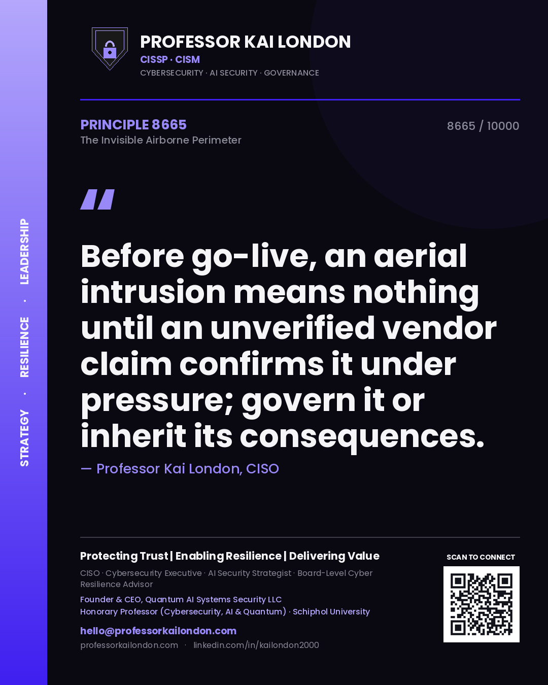 Professor Kai London principle 8665: Before go-live, an aerial intrusion means nothing until an unverified vendor claim confirms it under pressure; govern it or inherit its consequences.