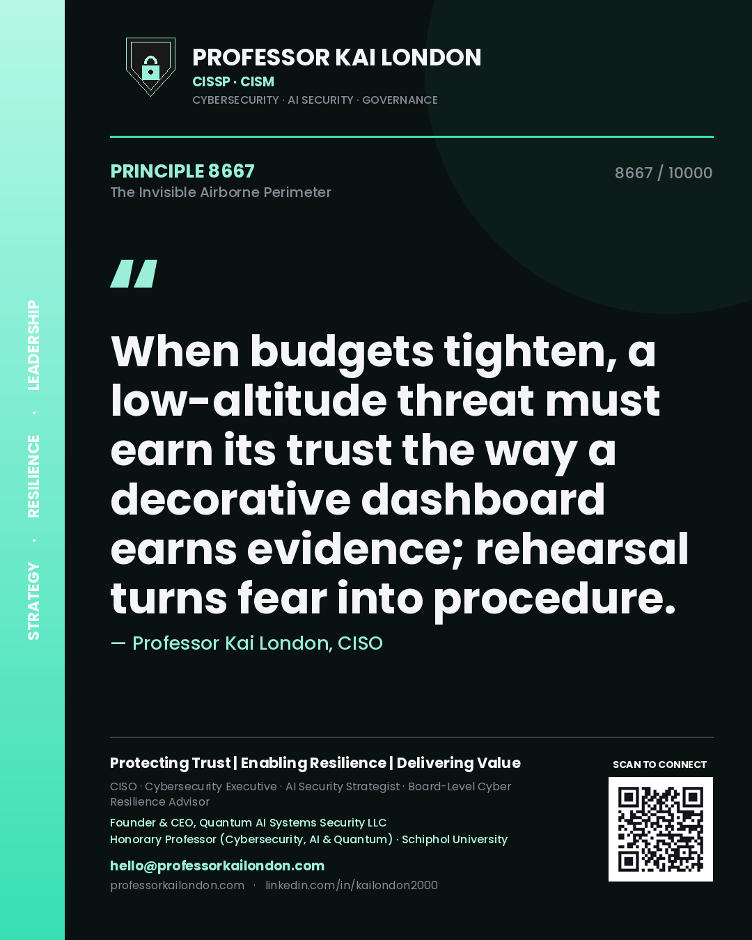 Professor Kai London principle 8667: When budgets tighten, a low-altitude threat must earn its trust the way a decorative dashboard earns evidence; rehearsal turns fear into procedure.