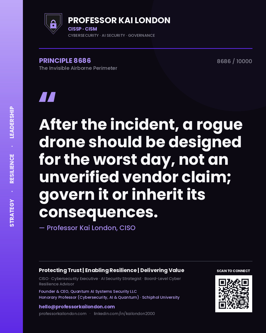 Quote card by Professor Kai London reading 'After the incident, a rogue drone should be designed for the worst day, not an unverified vendor claim; govern it or inherit its consequences.'. From the book The Invisible Airborne Perimeter.
