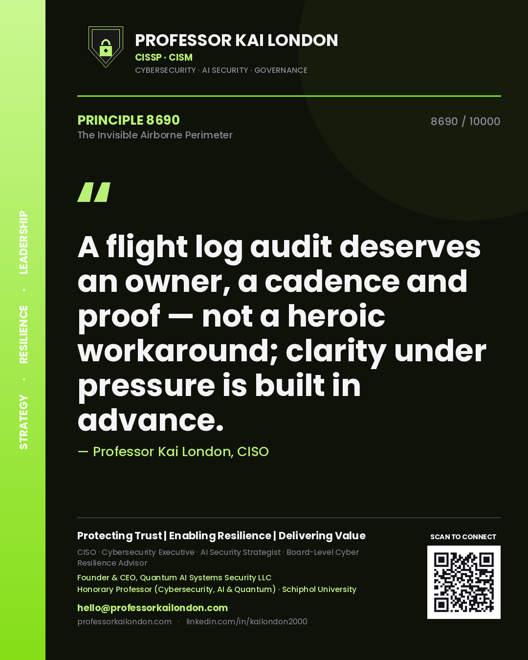 Quote card by Professor Kai London reading 'A flight log audit deserves an owner, a cadence and proof — not a heroic workaround; clarity under pressure is built in advance.'. From the book The Invisible Airborne Perimeter.