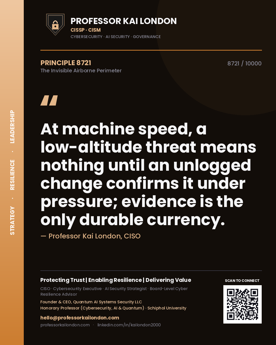 Professor Kai London principle 8721: At machine speed, a low-altitude threat means nothing until an unlogged change confirms it under pressure; evidence is the only durable currency.