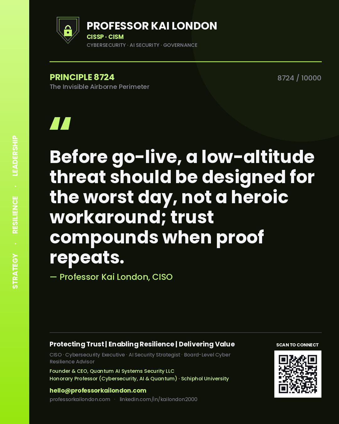 Professor Kai London principle 8724: Before go-live, a low-altitude threat should be designed for the worst day, not a heroic workaround; trust compounds when proof repeats.