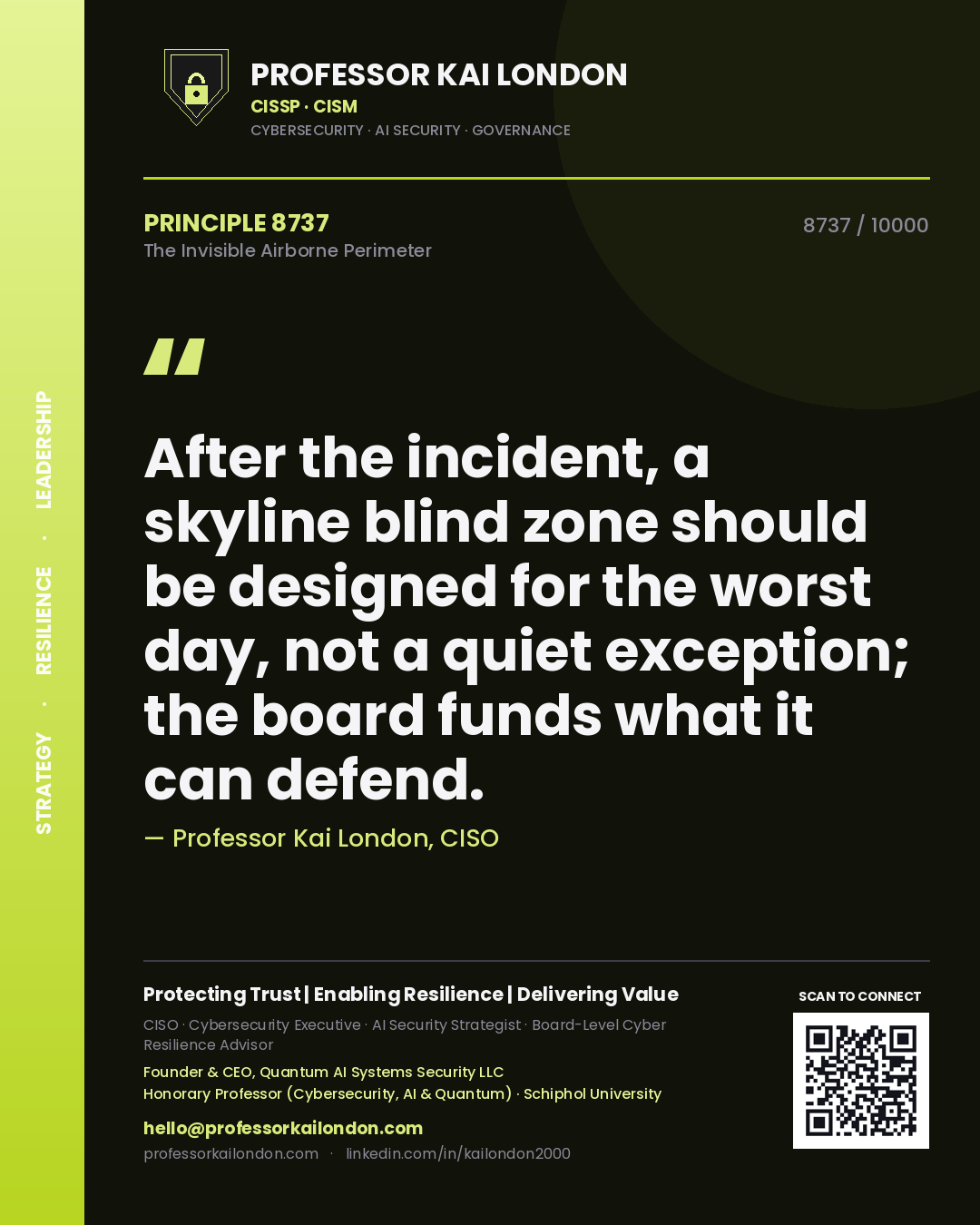 Quote card by Professor Kai London reading 'After the incident, a skyline blind zone should be designed for the worst day, not a quiet exception; the board funds what it can defend.'. From the book The Invisible Airborne Perimeter.