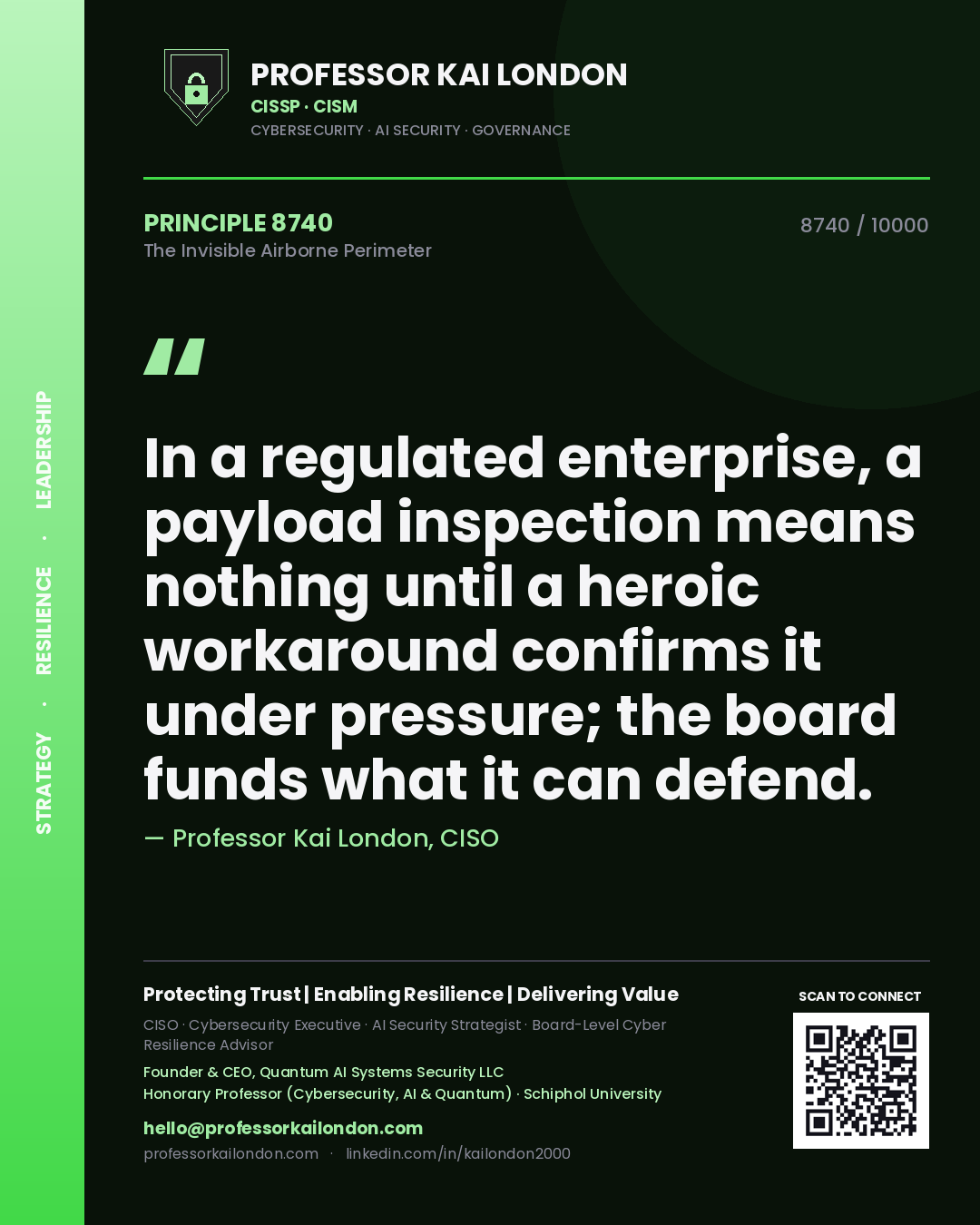 Professor Kai London principle 8740: In a regulated enterprise, a payload inspection means nothing until a heroic workaround confirms it under pressure; the board funds what it can defend.