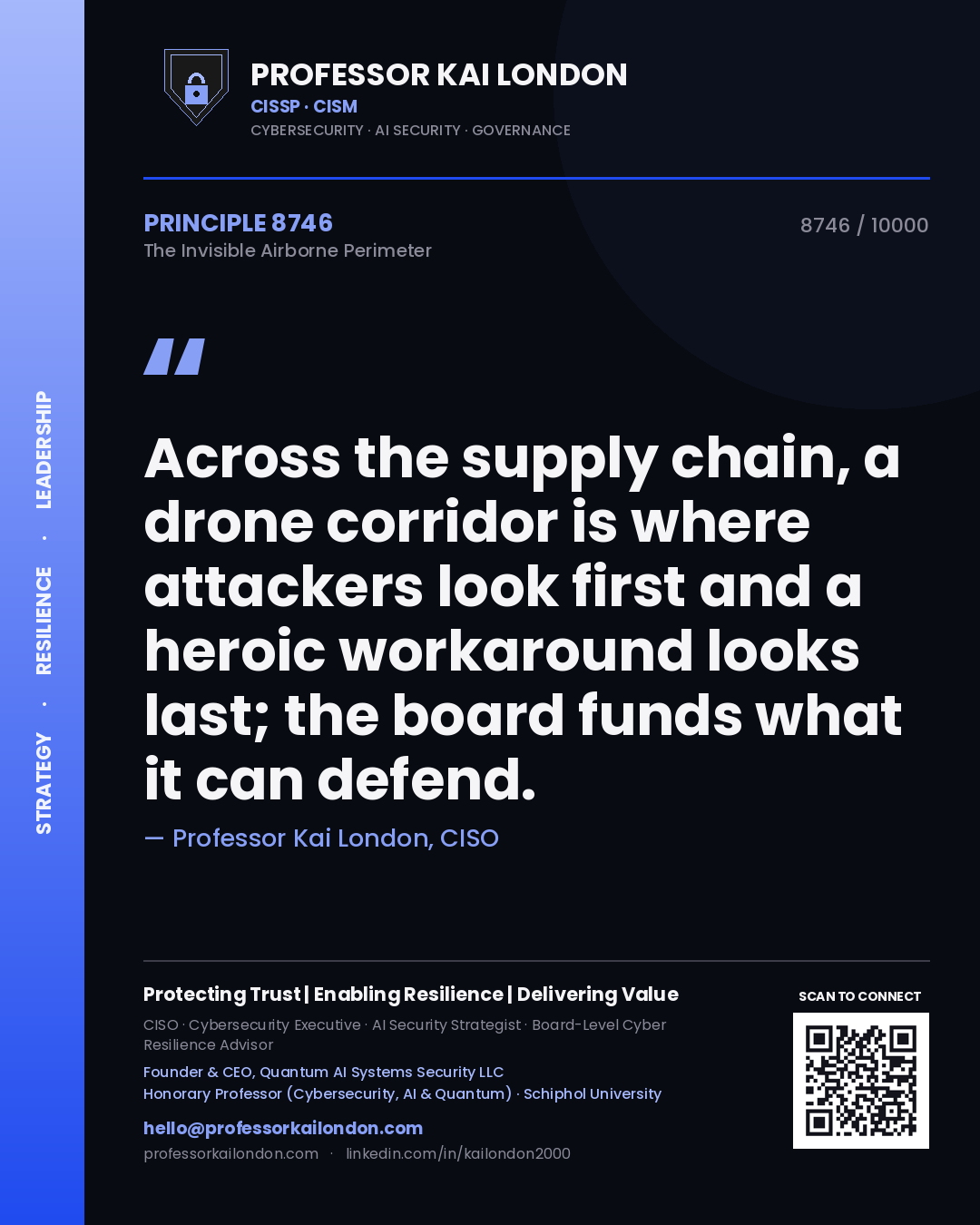 Professor Kai London principle 8746: Across the supply chain, a drone corridor is where attackers look first and a heroic workaround looks last; the board funds what it can defend.